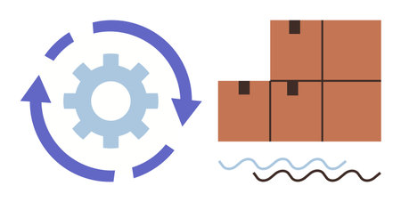Gear with circular arrows and stacked boxes illustrate workflow, logistics, shipping, and optimization. Ideal for supply chain, inventory, process improvement, delivery, efficiency simple flatのイラスト素材