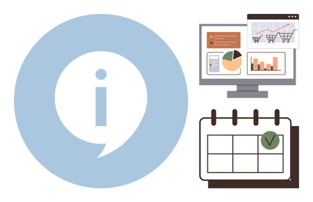 Computer with analytics visuals, calendar with a task checkmark, and i icon for information access. Ideal for business planning, data analysis, productivity, time management, strategy, schedulingのイラスト素材