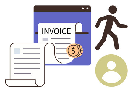 Digital invoice and receipt with a dollar coin, user icon, and walking figure symbolizing financial...
