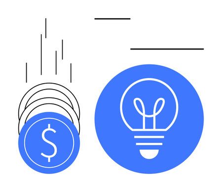 Coins stacked and falling, leading to a glowing light bulb symbolizing financial growth, innovation, and ideas. Ideal for business, startups, strategy, success, investment creativity simple landingのイラスト素材