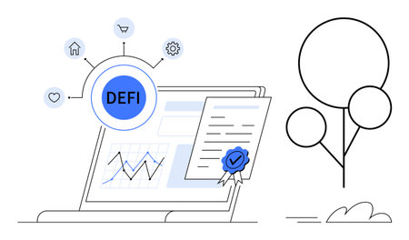 Laptop screen highlights decentralized finance analytics with certificate and icons for home, shopping, and settings. Ideal for finance, technology, blockchain, investment, innovation, analysisのイラスト素材