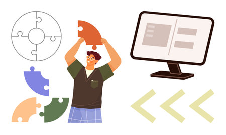 Man assembling colored puzzle pieces, computer screen showcasing data, arrows indicating direction. Ideal for teamwork, strategy, problem-solving, creativity, planning, collaborationのイラスト素材