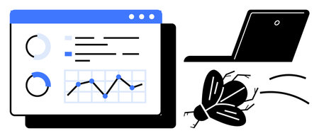 Data analytics dashboard with charts and graphs, a laptop, and a bug flying nearby. Ideal for tech issues, debugging, software testing, error management, IT solutions, analytics simple flat metaphorのイラスト素材