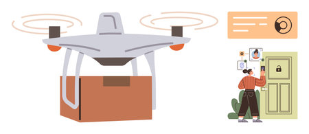 Delivery drone carrying package, woman using smart door with facial recognition. Ideal for technology, e-commerce, security, innovation, logistics, automation delivery services. Simple flat metaphorのイラスト素材