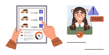 Hands selecting vehicles on a checklist, paired with automated detection of a fake identity using AI. Ideal for cybersecurity, fraud detection, online safety, biometric identity, decision-makingのイラスト素材