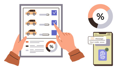 Tablet with car options, selection process, pie chart, phone with security code and fingerprint confirmation. Ideal for automotive, technology, surveys, data analysis, security online formsのイラスト素材