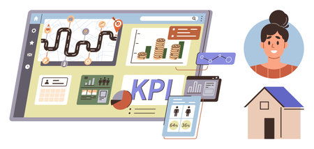 Interactive dashboard with financial charts, growth metrics, progress paths, user profile, and a house graphic. Ideal for business analytics, personal finance, strategy, performance planningのイラスト素材