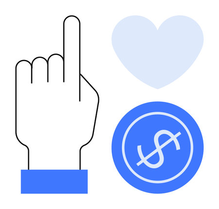 Finger pointing upward, light blue heart, and dollar sign coin, symbolizing decision-making, value, preference, love, priority finance and philanthropy. Ideal for charity values financialのイラスト素材