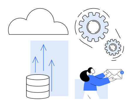 Cloud storage, gears depicting automation, upward data transfer arrows, and a figure holding an envelope with a notification. Ideal for cloud computing, data sharing, automation, digitalのイラスト素材