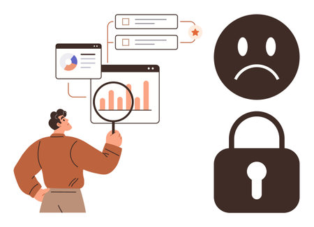 Person studies analytics charts and notifications with magnifier, adjacent sad face and padlock highlighting data security, error resolution. Ideal for analysis, cybersecurity, problem-solvingのイラスト素材