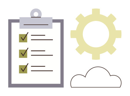 Clip chart with checkboxes, gear, and cloud icon for process optimization and strategy. Ideal for project management, organization, efficiency, digital transformation, cloud computing, strategicのイラスト素材