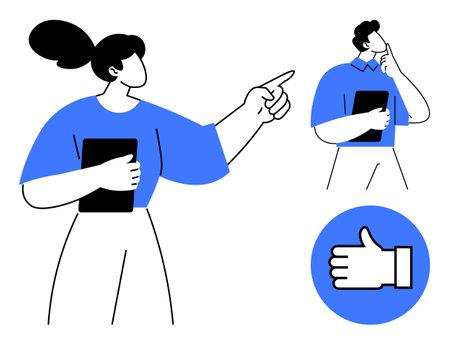 Confident woman pointing while holding tablet, man thinking, thumbs-up symbol in blue circle. Ideal for teamwork, decision-making, communication, leadership, collaboration, feedback simple landingのイラスト素材
