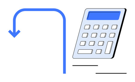 Finance, budgeting, calculations, accounting, data entry, planning. Blue arrow and digital calculator. Finance and budgeting with modern graphics in a professional styleのイラスト素材