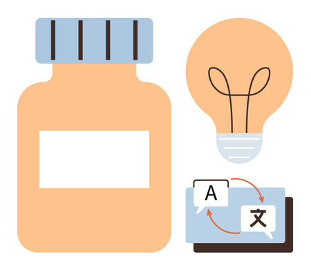Medicine bottle, glowing lightbulb, and translation interface representing innovation, ideas, communication, learning, health, problem-solving and multilingual exchange. Ideal for creativityのイラスト素材