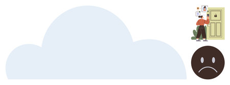 Individual attaching paper to door, nearby frowning face icon and cloud shape. Ideal for communication, grievance, announcement, notification, decision, mood message. Simple flat metaphorのイラスト素材