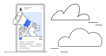 Megaphone held in hand projected from smartphone screen, representing message amplification. Ideal for marketing, social media, communication, digital campaigns, online outreach, branding, simpleのイラスト素材
