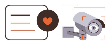 Surveillance camera observing activity with a focus on heart and text representing security, privacy, or ethics. Ideal for technology, monitoring, responsibility, protection, relationships, careのイラスト素材