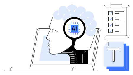 AI brain with chip, laptop screen, checklist clipboard, and text documents. Ideal for technology, machine learning, automation, productivity, digital tools innovation simple landing pageのイラスト素材
