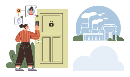 Woman scans face for door access through biometric technology. Factory with chimneys in the background. Ideal for security, technology, privacy, industry, automation, innovation, sustainableのイラスト素材
