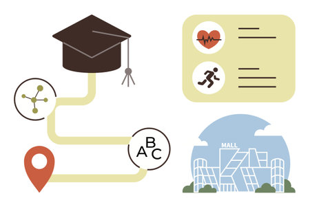 Graduation cap linked to location marker, science molecule, fitness and health card, and modern mall building. Ideal for education, health, science, fitness, urban planning career paths goalのイラスト素材