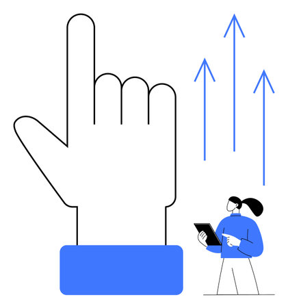 Large hand gesture pointing upward with three arrows indicating progress. A professional holding a tablet. Ideal for technology, business growth, innovation, leadership, strategy, progress, simpleのイラスト素材