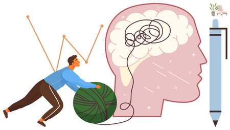 Person unrolling tangled yarn beside head illustration with brain, representing overcoming confusion. Ideal for mental health, problem-solving, creativity, focus, self-improvement, therapy, successのイラスト素材