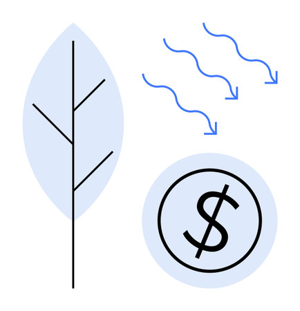 Abstract leaf, currency sign inside a circle, and downward arrows symbolize sustainability, economics, environment, finance, renewable energy, eco-friendly innovation, simple flat metaphorのイラスト素材