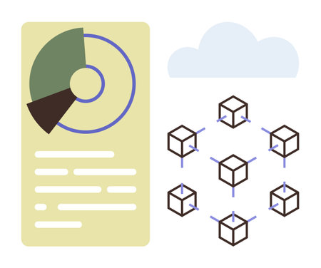 Circular data chart with pie segments beside a connected cube blockchain network under a light blue cloud. Ideal for blockchain, data analysis, cloud computing, technology, networkingのイラスト素材