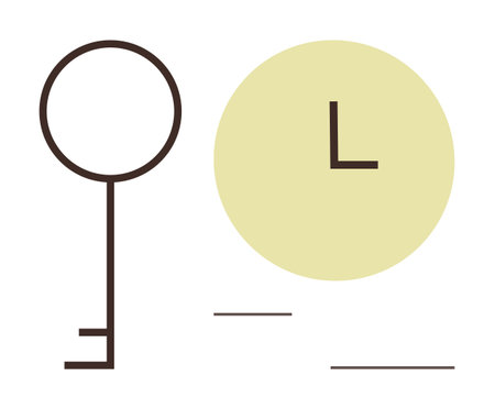 Simple key beside a clock-thumbs up circle symbolizes time, opportunity, access, and decision-making. Ideal for time management, success, planning, growth opportunity minimalism and focus. Simpleのイラスト素材