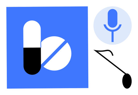 Healthcare, telemedicine, pharmaceuticals, communication systems, modern treatment, medical consultation. Pill icons, microphone and stethoscope on blue and white background. Healthcareのイラスト素材