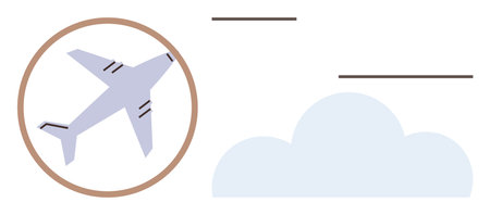 Airplane soaring above clouds within a circular frame, representing travel, aviation, logistics, exploration, global connection, freedom, and innovation. Simple flat metaphorのイラスト素材