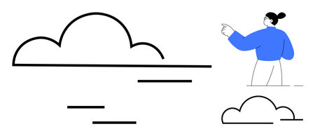 Technology, weather prediction, creative design, simplicity in art, imagination, future innovation. Large cloud shapes and a woman pointing in blue. Technology and creative design conceptのイラスト素材