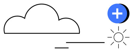 Cloud data storage. Simplified cloud design with integrated data plus icon and sun symbol cloud data...