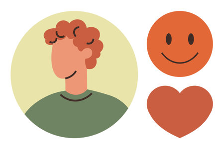 Abstract person portrait with curly hair in circular backdrop alongside cheerful happy face and...
