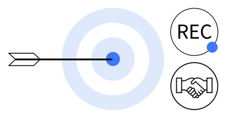 Target concept. a target with an arrow, recording symbol, and handshake icon, precision, recording, and collaboration. Target for teamwork, business precision recording appsのイラスト素材