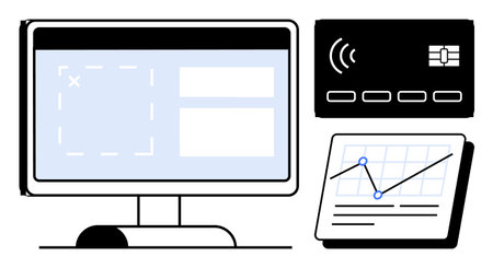 Computer screen with UI elements, payment card, and analytics chart with data points. Ideal for...