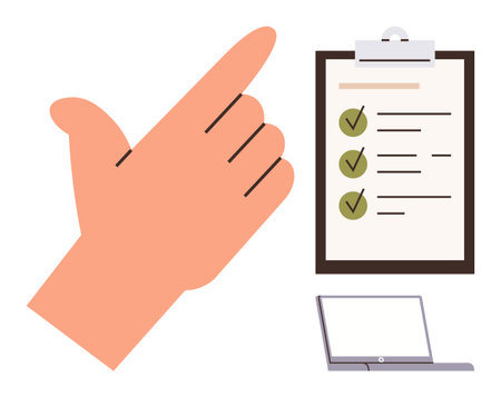 Hand poised with checklist and laptop, emphasizing task completion and organization. Ideal for productivity, time management, project planning, goal setting, workflow efficiency, digital integrationのイラスト素材