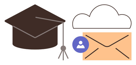 Graduation cap with cloud, envelope, and profile icon signifies online learning, communication, career progression, and digital platforms. Ideal for education, networking, online servicesのイラスト素材
