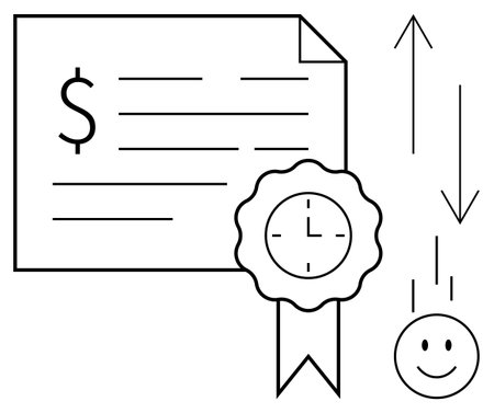 Financial document. Financial symbols include a certificate with a dollar sign, clock emblem, and directional arrows. Financial planning, documentation, and certifications theme. Perfectのイラスト素材