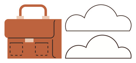 Brown leather briefcase with two front pockets next to two minimalist cloud shapes. Ideal for business, mobility, travel, storage, organization, modern productivity, work-life balance. Simple flatのイラスト素材