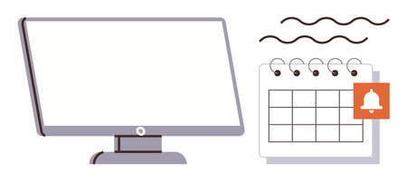 Desktop monitor next to a calendar featuring a notification bell icon and abstract lines. Ideal for productivity, time management, office work, digital workspace, planning, goals, simple flatのイラスト素材