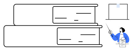 Large stacked books with a woman pointing to a document and a whiteboard. Ideal for education, training, reading, research, knowledge, presentation, and learning. Simple flat metaphorのイラスト素材