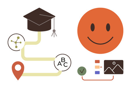 Graduation cap connected to roadmap elements, happy face, educational icons, and progress...