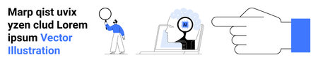 Man holding a balloon beside text, head with magnifying glass over brain on laptop screen, pointing...