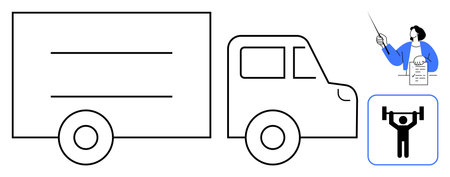 Delivery truck, person analyzing checklist with pointer, lifting weights icon. Ideal for logistics,...