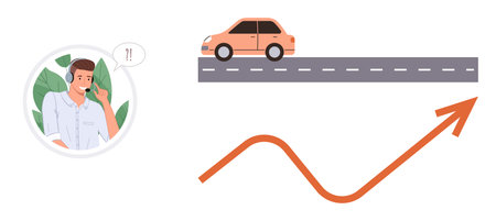 Man on phone with exclamation, orange car on gray road, upward arrow graph. Ideal for insurance, transit, growth, business strategy, success customer service communication. Simple flat metaphorのイラスト素材