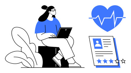 Woman sitting with a laptop, heart icon with heartbeat line, profile document with star rating. Ideal for healthcare, recruitment, productivity, telemedicine, evaluation, wellness digitalのイラスト素材