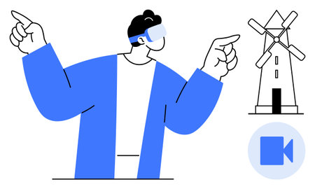 Virtual reality, renewable energy, green technology, innovation, future concepts, immersive media. A person with VR headset pointing at a windmill. Virtual reality and renewable energy focusのイラスト素材