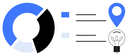 Data analysis, business strategy, analytics tools, location-based services, creative solutions, progress tracking. Pie chart, location pin and lightbulb. Data analysis and business strategy conceptsのイラスト素材