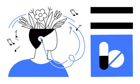 Person in headphones with blooming flowers from head, music notes, blue elements, pills. Ideal for mental health, therapy, creativity, relaxation mindfulness wellness life balance. Simple flatのイラスト素材